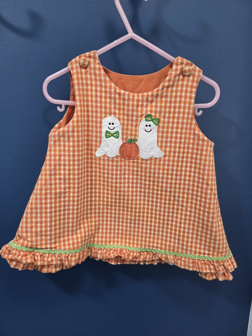 Reversible -Orange Plaid Ghost / Turkey  Pumpkins Dress